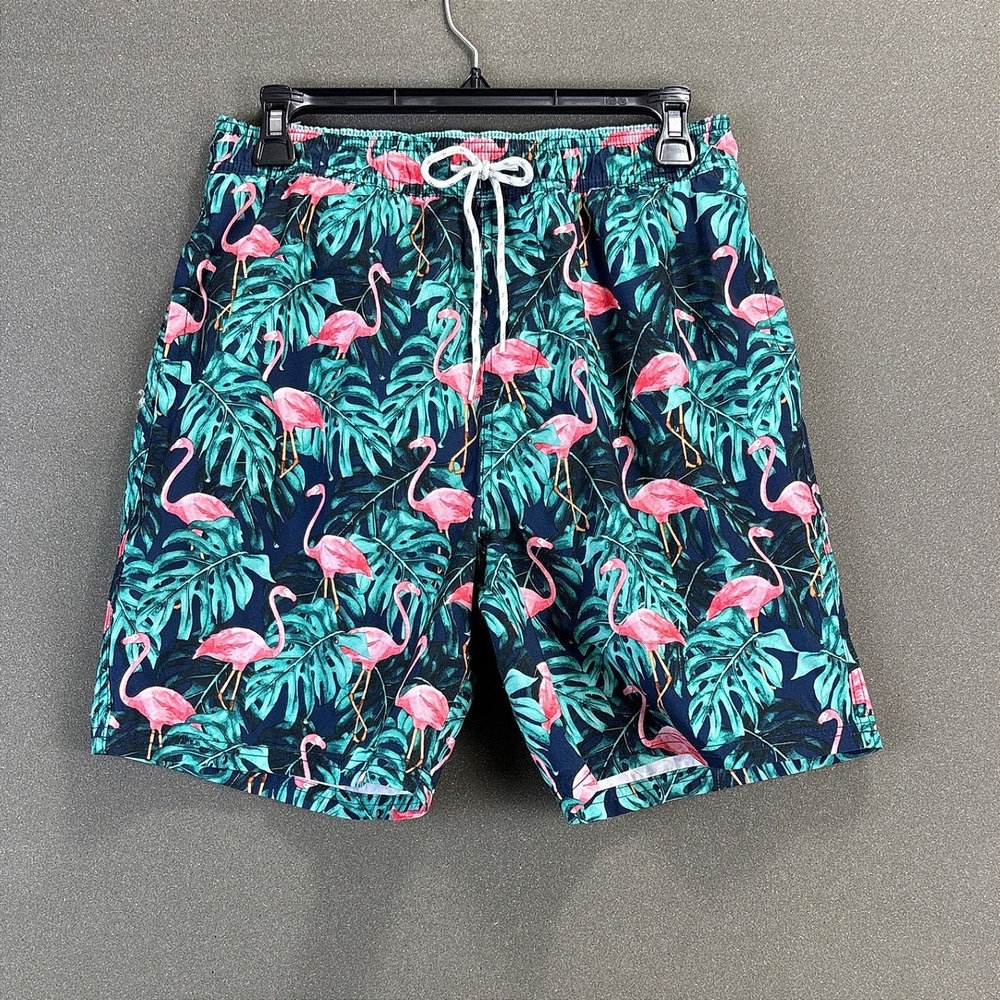 Goodfellow & Co Mens Small Flamingo Tropical Palm Tree Swim Trunks Navy Blue S